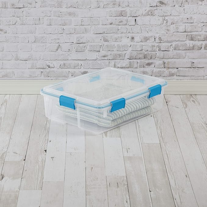 Sterilite 37 Qt Gasket Box, Stackable Storage Bin with Latching Lid and Tight Seal, Plastic Container to Organize Underbed, Clear Base and Lid, 4-Pack