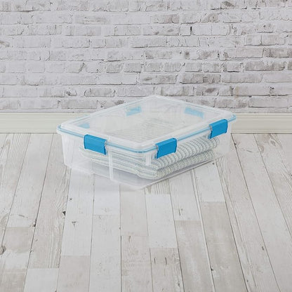 Sterilite 37 Qt Gasket Box, Stackable Storage Bin with Latching Lid and Tight Seal, Plastic Container to Organize Underbed, Clear Base and Lid, 4-Pack
