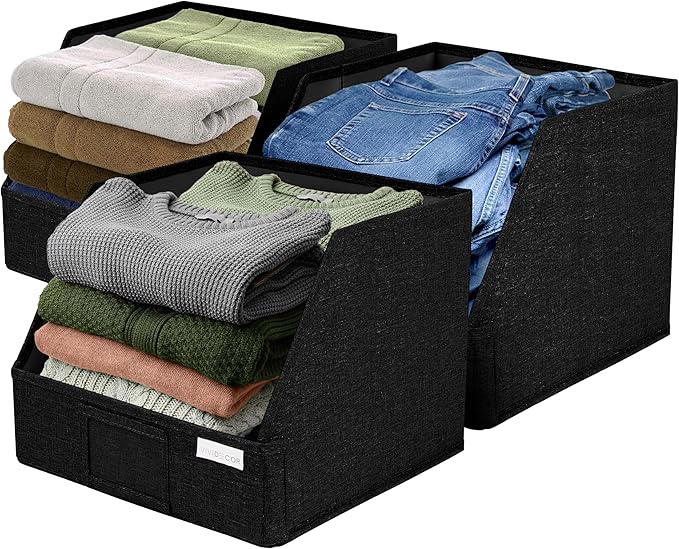 VIVIDECOR Open Front Trapezoid Closet Bins 12x12x10 – Closet Shelf Organizer for Folded Clothes, Easy Access Fabric Storage Baskets – Black, 3 Pack