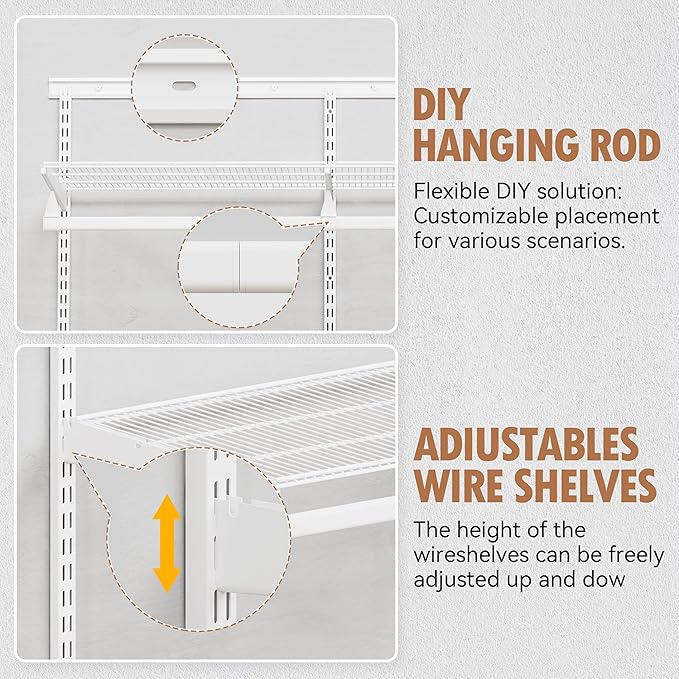 Closet System Wall Mounted 2-7.5 Ft, Heavy Duty Adjustable Wire Shelving with Hanging Rod, Custom Organizer Kit for Bedroom Laundry Mudroom, White