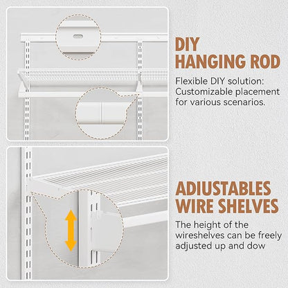 Closet System Wall Mounted 2-7.5 Ft, Heavy Duty Adjustable Wire Shelving with Hanging Rod, Custom Organizer Kit for Bedroom Laundry Mudroom, White