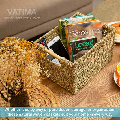 Large Wicker Storage Basket with Wooden Handles, Seagrass Basket for Shelves, Natural Wicker Bin With Handle for Storage 14.5 x 10.3 x 7.5 inches