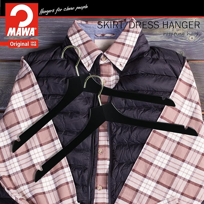 MAWA by Reston Lloyd, European Wooden Hanger, Beech Wood Straight Hanger with Shoulder Notches, Rotating Gold Hook, Black Finish, for Shirts, Blazers, Dress Clothes, Set of 5 (27115)
