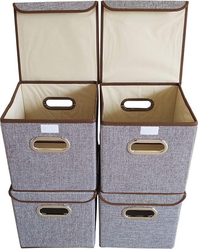 Storage Bin [Set of 4] Linen Fabric Foldable Container with Lid, Collapsible Organizer Boxes Cubes - 10 x 10 x 10 Inches (Gray)
