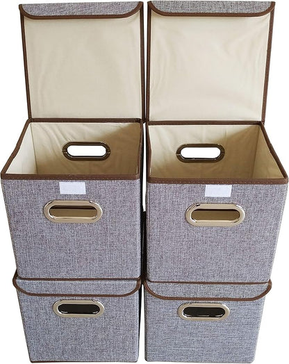 Storage Bin [Set of 4] Linen Fabric Foldable Container with Lid, Collapsible Organizer Boxes Cubes - 10 x 10 x 10 Inches (Gray)