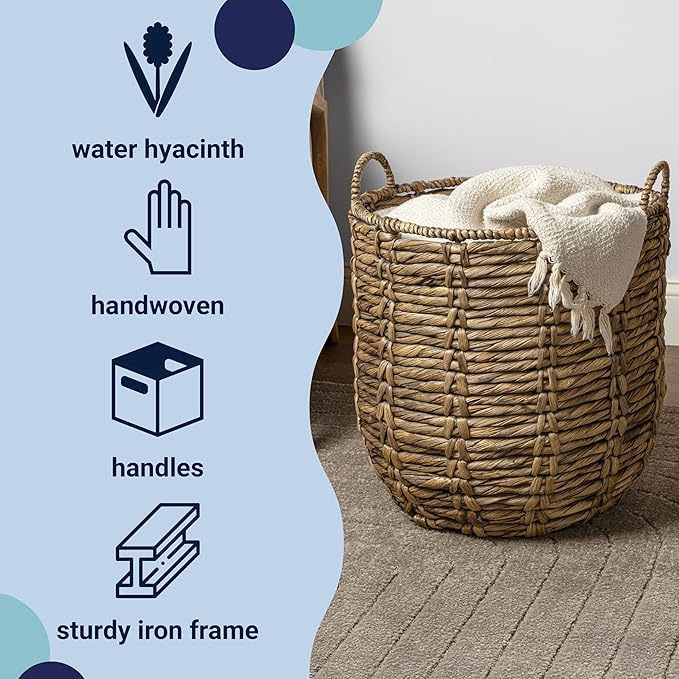 happimess BSK1003B Laurel 19.49" Bohemian Handwoven Abaca Hamper Basket with Handles, Brown for Storage and Decoration in Bathroom, Bedroom, Living Room