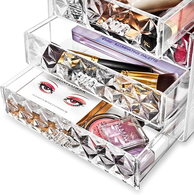 Sorbus Acrylic Makeup Organizer Set, 7-Drawer Vanity & Countertop Cosmetic Storage with Small & Wide Drawers, Diamond Makeup Storage for Brushes, Lipsticks, Jewelry – Holiday Gift for Women & Teens