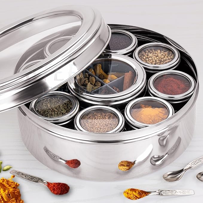 12 In 1 Stainless Steel Masala Box | Spice Box For Kitchen | Large Masala Dabba with See-Through Lid | Steel Masala Dani 2.5L Spice Organizer with 12 Compartment (22.5 cm, Silver)