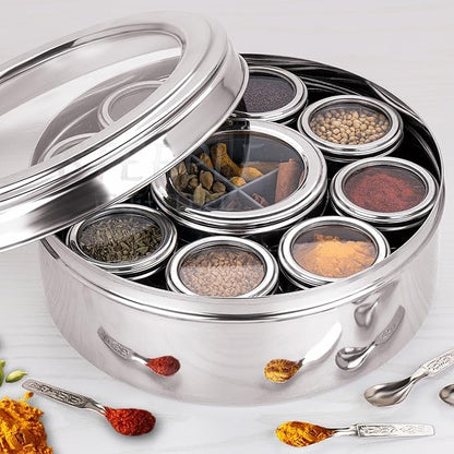 12 In 1 Stainless Steel Masala Box | Spice Box For Kitchen | Large Masala Dabba with See-Through Lid | Steel Masala Dani 2.5L Spice Organizer with 12 Compartment (22.5 cm, Silver)