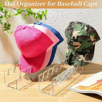 Hat Organizer 2 Pcs Hat Stand for Baseball Caps No Install Baseball Cap Holder Acrylic Hat Organizer for Baseball Caps for 14 Baseball Caps Hat Rack for Bedroom Closet Dresser (Clear)