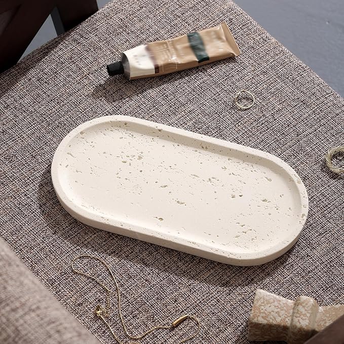 Jewelry Tray Bathtub, Resin Stone Look Decorative Perfume Tray, Bathroom Marble Vanity Organizer Plate Holder for Ring Soap Towel Small Things on Kitchen Sink Countertop (Off White, Large)