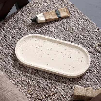 Jewelry Tray Bathtub, Resin Stone Look Decorative Perfume Tray, Bathroom Marble Vanity Organizer Plate Holder for Ring Soap Towel Small Things on Kitchen Sink Countertop (Off White, Large)
