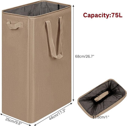 efluky Slim Laundry Basket, Narrow Laundry Hamper with Handles, Collapsible Dirty Clothes Hamper, Tall Laundry Bin for Laundry Room, Dorm and Bedroom, 19.8 Gallon (75L) Flax Brown