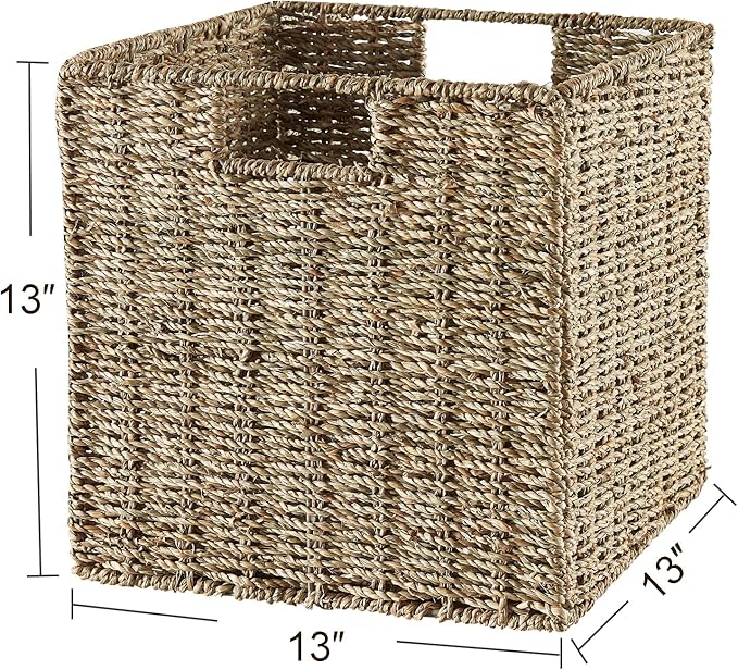 Vagusicc Wicker Storage Basket, Set of 2 Seagrass Storage Baskets, 13 Inch Foldable Wicker Basket Square Cube Storage Bins Storage Baskets for Organizing Shelf Baskets, 13''x13''x13''