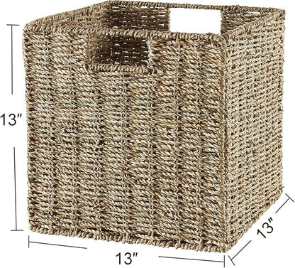 Vagusicc Wicker Storage Basket, Set of 2 Seagrass Storage Baskets, 13 Inch Foldable Wicker Basket Square Cube Storage Bins Storage Baskets for Organizing Shelf Baskets, 13''x13''x13''