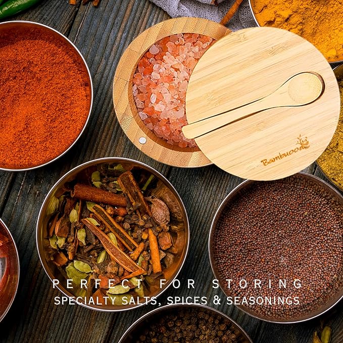 Premium Bamboo Salt Cellar with Swivel Magnetic Lid - 100% Handmade, Elegant Salt & Spices Storage Box and Multi-Use Container with Mini Spoon.