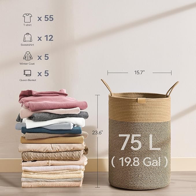 Nunsino Laundry Hamper 75L,Large Laundry Basket for Clothes,Decorative Storage Basket for Blankets,Cotton Rope Woven basket for bedroom,Dark Brown
