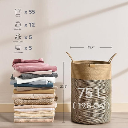 Nunsino Laundry Hamper 75L,Large Laundry Basket for Clothes,Decorative Storage Basket for Blankets,Cotton Rope Woven basket for bedroom,Dark Brown