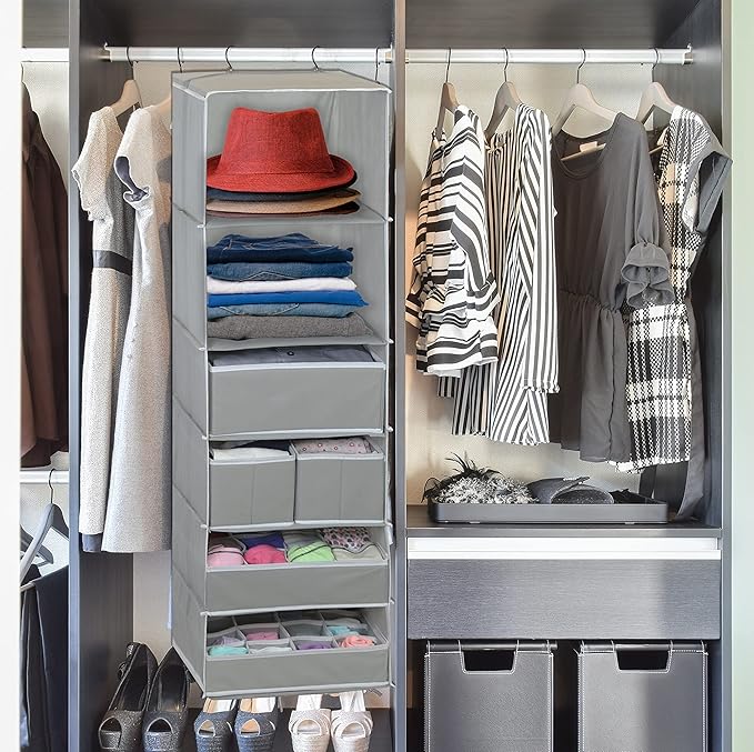 Simple Houseware 6 Shelf Hanging Closet Organizer with 5 Drawers Storage, Gray