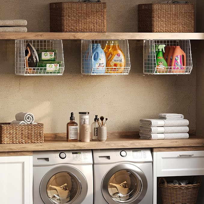 3 Pack Screw Mount Under The Wooden Shelf Laundry Room Organizer: Foldable Wire Basket Space Saving Over The Washer and Dryer - Laundry Organization and Storage, White Patent