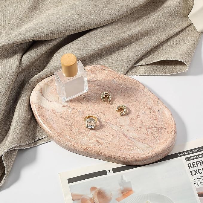 Koville Luxurious Natural Pink Marble Vanity Tray, Cloud Shape Serving Stone Key Tray for Home Decor, 10" x 7" Marble Storage Trays for Bathroom, Stone Plate Holder for Perfume, Candle and Jewelry