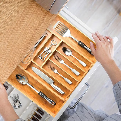 Bambüsi Bamboo Expandable Drawer Organizer for Utensils - Adjustable Cutlery Tray with Dividers for Silverware, Flatware, and Knives in Kitchen, Bedroom, or Living Room Storage Organization