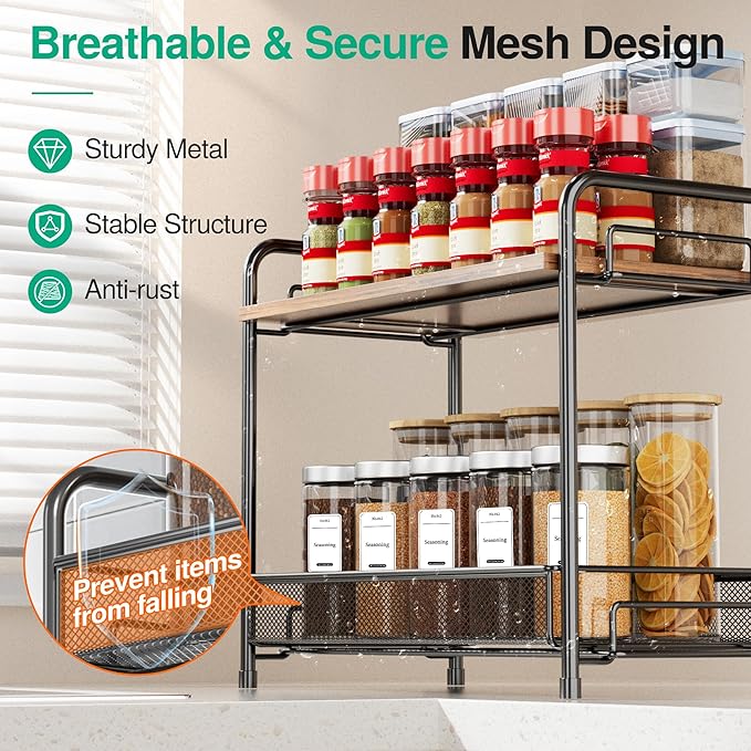 Spice Rack Organizer for Countertop with Wood Top, 2-Tier Foldable Metal Rust-Proof Standing Large Seasoning Storage Shelf with Guardrail & Mesh Design for Kitchen Cabinet Living Room, Black