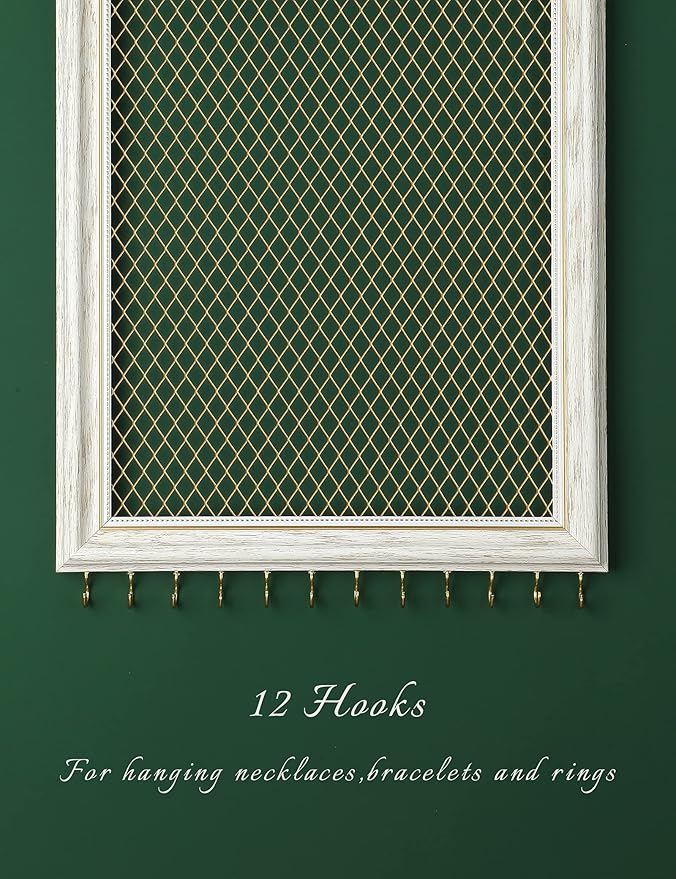 Heesch Hanging Earring Organizer Frame Wall Mounted Jewelry Holder Vintage Rustic Stud Earring Display with Removable Rod and 12 Hooks for Necklaces, Bracelets and Rings (Distressed White)