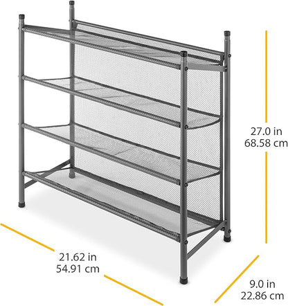 Whitmor Metal & Mesh 4-Tier Shoe Rack, Store up to 12 Pairs of Shoes, Stackable, 9" L x 21.6" W x 27" H, Gunmetal