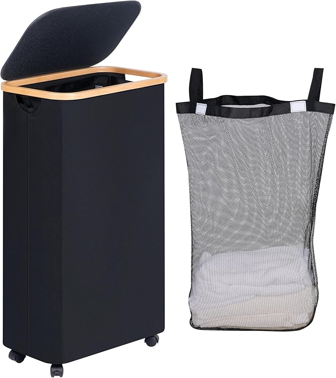 efluky Slim Laundry Basket with Wheels, Narrow Rolling Laundry Hamper with Lid and Removable Bag, Aesthetic Dirty Clothes Hamper on Wheels for Laundry Room, Bedroom, Dorm and Bathroom, 75L Dark Black