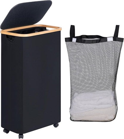 efluky Slim Laundry Basket with Wheels, Narrow Rolling Laundry Hamper with Lid and Removable Bag, Aesthetic Dirty Clothes Hamper on Wheels for Laundry Room, Bedroom, Dorm and Bathroom, 75L Dark Black