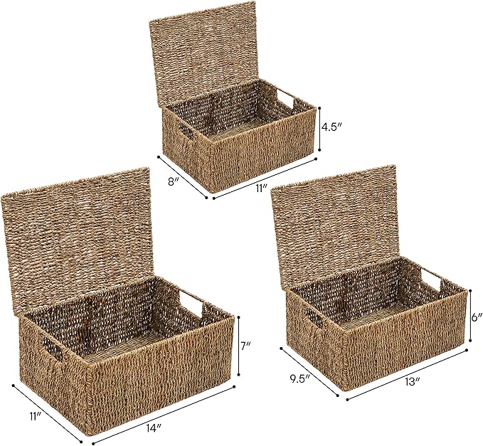 Trademark Innovations Set of 3 Rectangular Seagrass Baskets with Lids, Natural (Small)