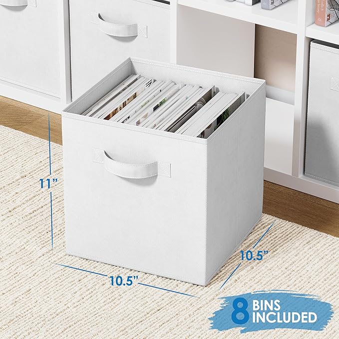 Storage Cubes Pack Of 8 - Standard Size Cube Storage Bin 10.5x10.5x11 With Dual Handles For Easy Carrying- Fabric Storage Bins Collapsible (White)