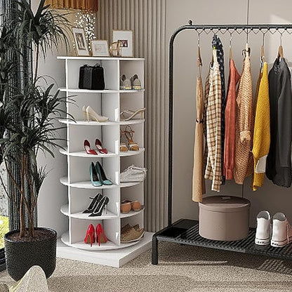Rotating Shoe Rack Tower, 360-Degree Circular Storage Organizer for Shoes and Handbags, Vertical Space-Saving Cabinet for Entrance Hall, Independent Rotating Shoe Shelf （A-White）