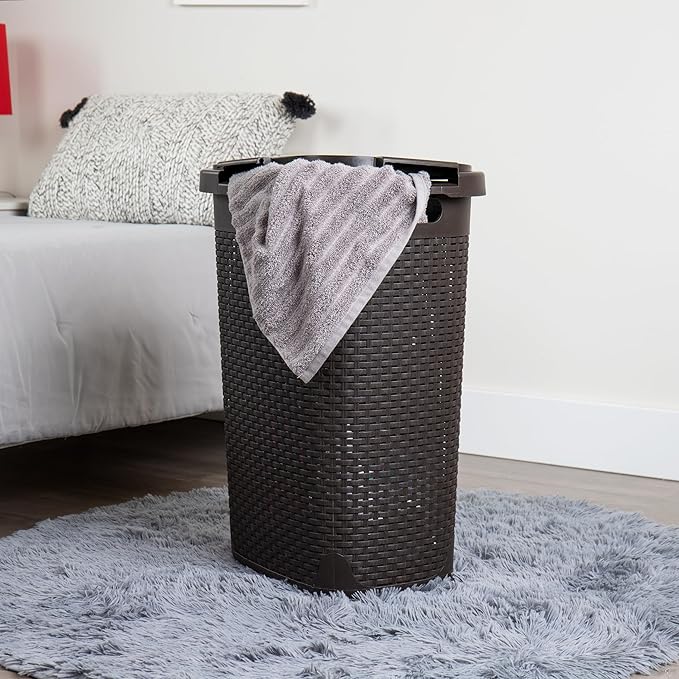 Mind Reader Slim Laundry Hamper with Lid, 60L Tall Clothes Basket, Narrow Tapered Design for Bathrooms, Closets and Laundry Rooms, Plastic, Brown