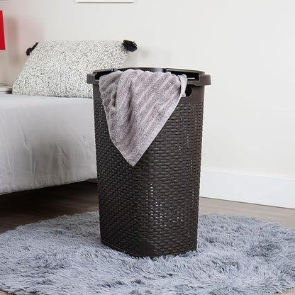 Mind Reader Slim Laundry Hamper with Lid, 60L Tall Clothes Basket, Narrow Tapered Design for Bathrooms, Closets and Laundry Rooms, Plastic, Brown
