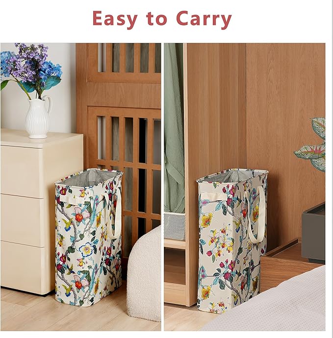 efluky Slim Laundry Basket, Narrow Laundry Hamper with Handles, Collapsible Dirty Clothes Hamper, Tall Laundry Bin for Laundry Room, Dorm and Bedroom, 48L (12.7 Gallon) Floral