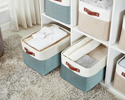 DECOMOMO Storage Bins, Large Fabric Storage Baskets for Shelves, Decorative Linen Closet Organizer, 15 x 11 x 9.5 inches (Green & White, 4 Pack)