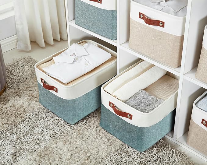 DECOMOMO Storage Bins, Large Fabric Storage Baskets for Shelves, Decorative Linen Closet Organizer, 15 x 11 x 9.5 inches (Green & White, 3 Pack)