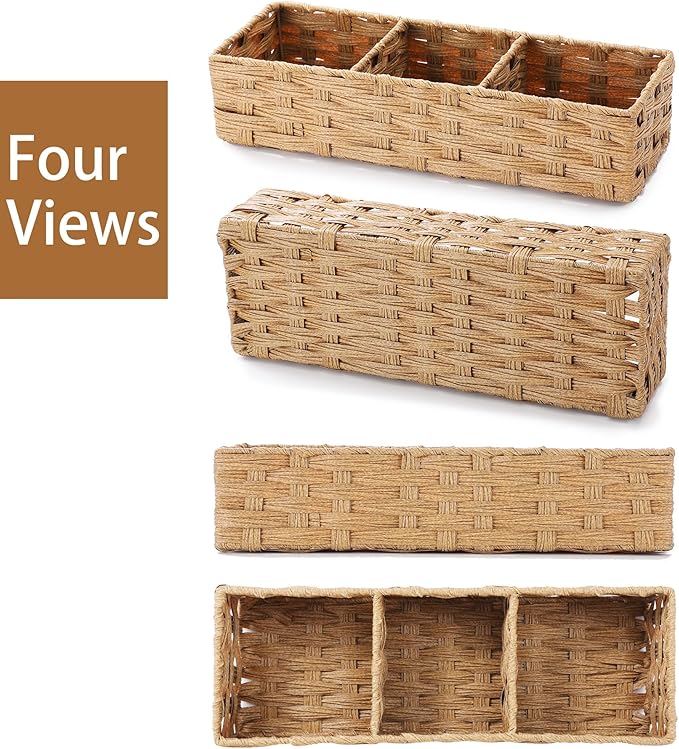 Toilet Tank Topper Paper Basket Multiuse Hand Woven Plastic Wicker Basket Bins with Divider for Shelves Rustic Farmhouse Bathroom Decor Countertop Light yellow
