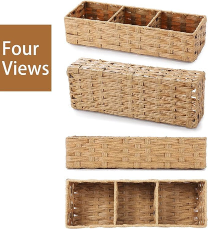 Toilet Tank Topper Paper Basket Multiuse Hand Woven Plastic Wicker Basket Bins with Divider for Shelves Rustic Farmhouse Bathroom Decor Countertop Light yellow