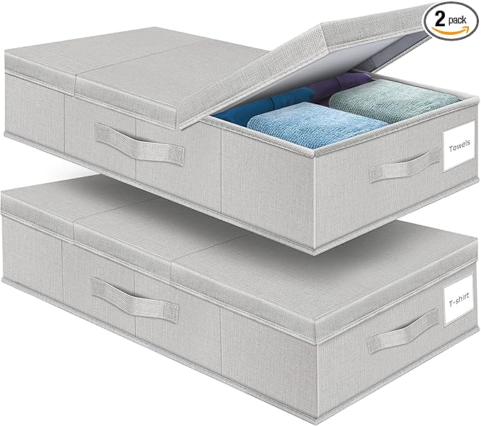 Supowin Underbed Storage Containers Bin with Lids, Large Under Bed Storage Organizer Box with Handle, Foldable Under the Storage Bags for Organizing Clothes, Shoes, Blankets, Pillows