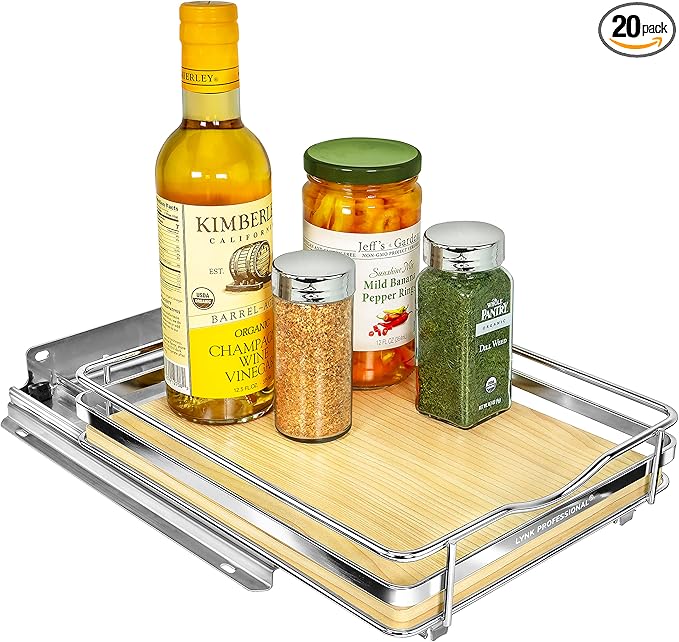 LYNK PROFESSIONAL® Élite™ Pull Out Spice Organization for Cabinets - 8-3/8 inch Wide – Spice Rack for Inside Cabinets – Wood/Chrome - Sliding Spice Rack Organizer for cabinet – Spice Rack - 1 Tier