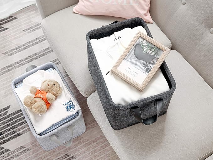 Collapsible Storage Bins Foldable Felt Fabric Storage Basket Organizer Boxes Containers with Handles PU Handles for Nursery Toys,Kids Room,Clothes,Towels,Magazine (PU-Dark grey, 15.9L×11W×9.8H)