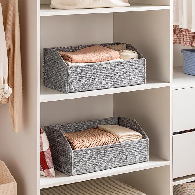 UBBCARE Closet Storage Bins 2 Pack, Cotton Rope Clothes Storage Bins & Sturdy Dog Toy Basket, 19" X 11" X 7" Shelf Baskets for Organizing, Grey