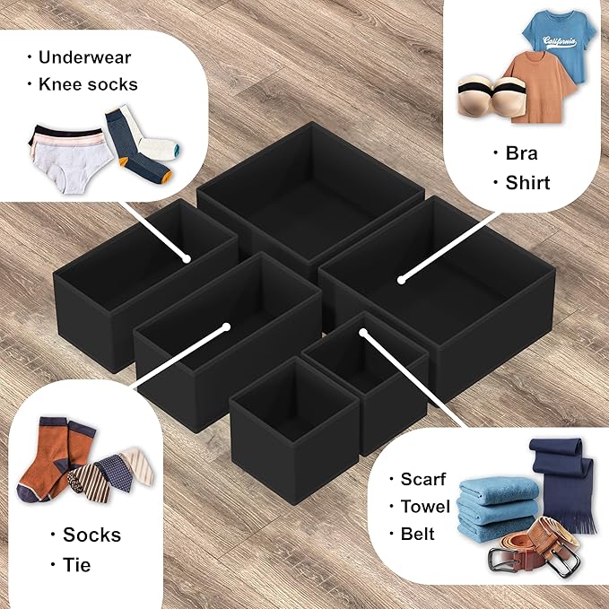 Simple Houseware Foldable Drawer Organizer for Clothes/Underwear/Panty/Onesie Stocking Bin, Set of 12, Black