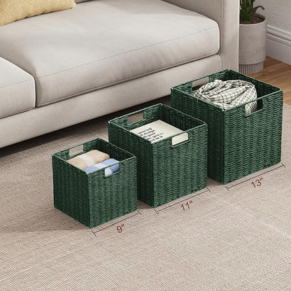 Vagusicc Wicker Storage Basket, Set of 2 Hand-Woven Paper Rope Wicker Baskets, Foldable Cube Storage Bins, Square Storage Baskets for Organizing Shelves & Decor, Green (11″×11″×11″)