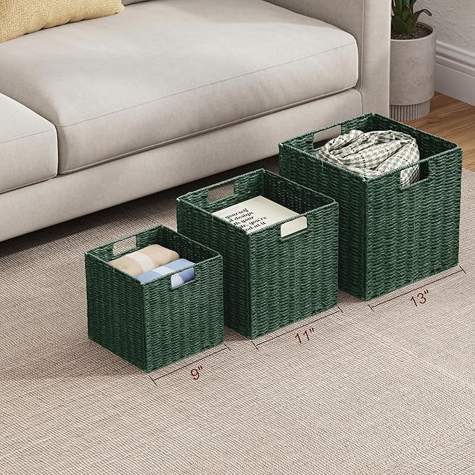 Vagusicc Wicker Storage Basket, Set of 2 Hand-Woven Paper Rope Wicker Basket, Foldable Cube Storage Bins, Square Large Storage Baskets for Organizing Shelves & Decor, Orange (13″×13″×13″)