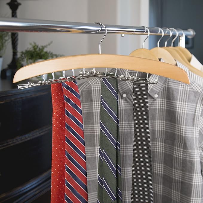 Richards Wooden Tie Rack Hanging Organizer for Mens Closet Accessories, Space Saving Necktie Holder for Storage and Display, Holds 24 Ties, Hook, Natural Wood with Chrome Accents
