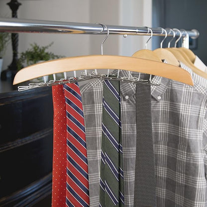 Richards Wooden Tie Rack Hanging Organizer for Mens Closet Accessories, Space Saving Necktie Holder for Storage and Display, Holds 24 Ties, Hook, Natural Wood with Chrome Accents